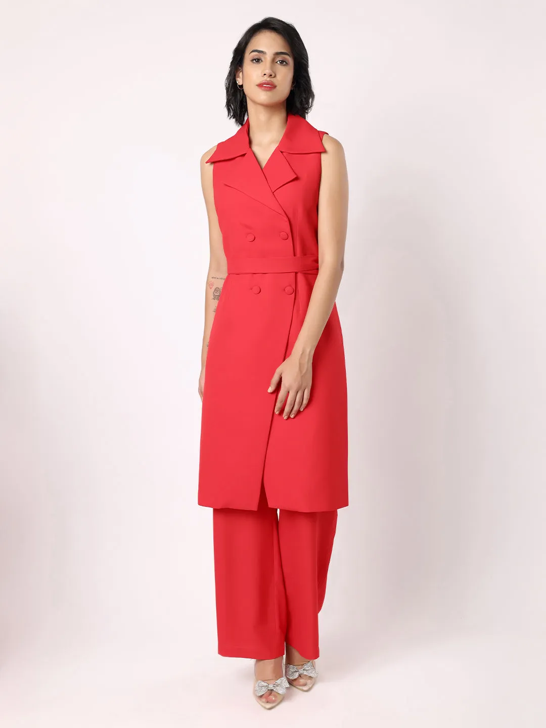 Red Orange Long Blazer With Trousers
