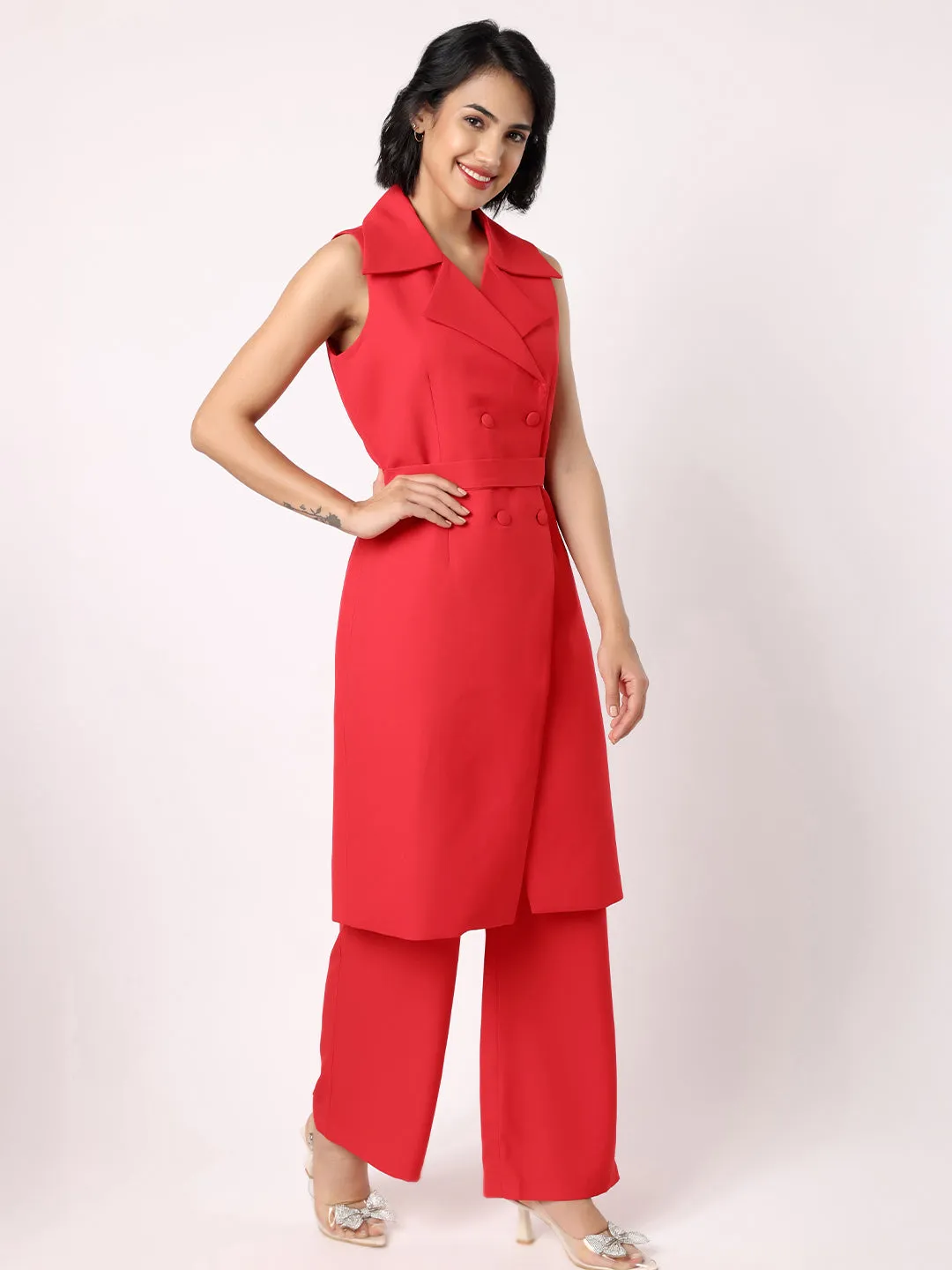 Red Orange Long Blazer With Trousers