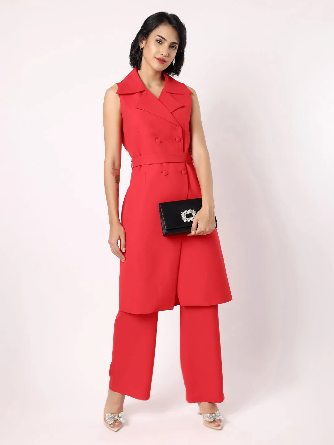 Red Orange Long Blazer With Trousers