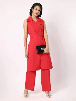 Red Orange Long Blazer With Trousers