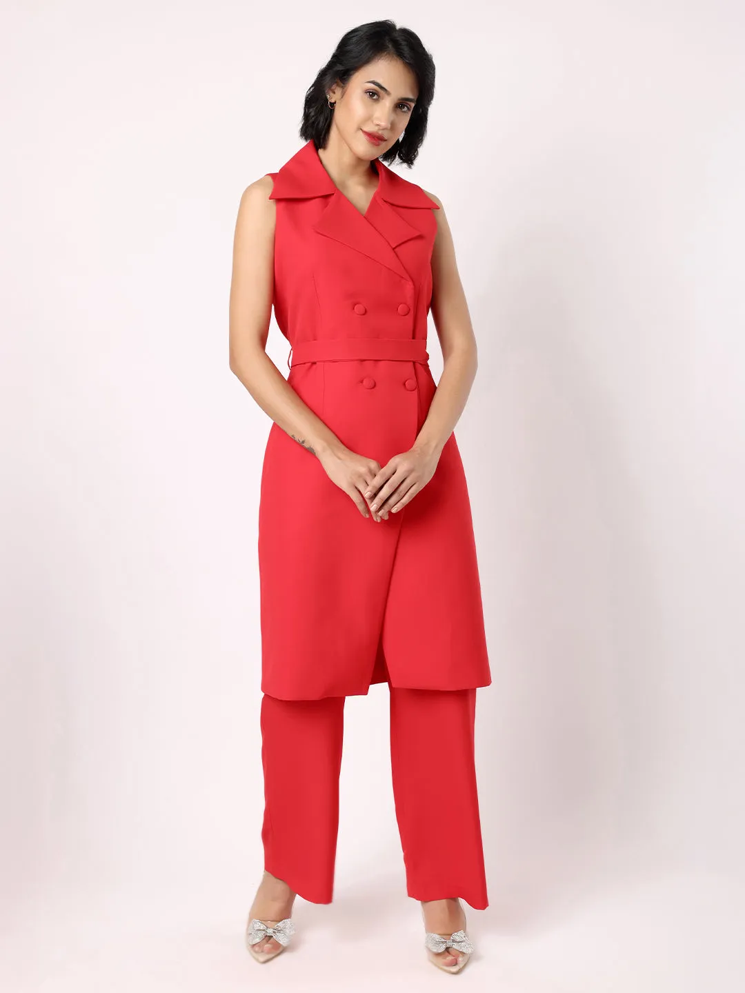 Red Orange Long Blazer With Trousers