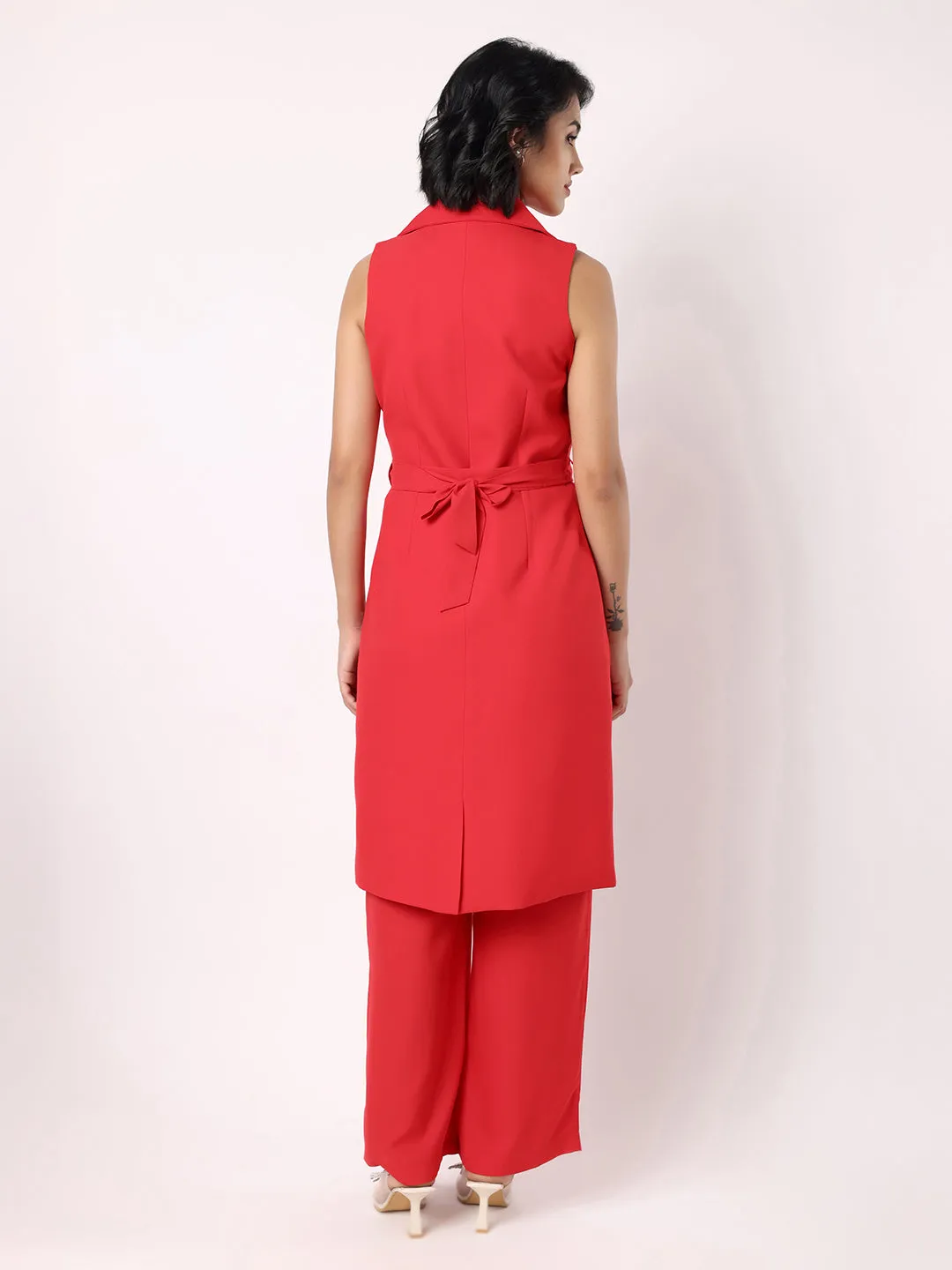 Red Orange Long Blazer With Trousers