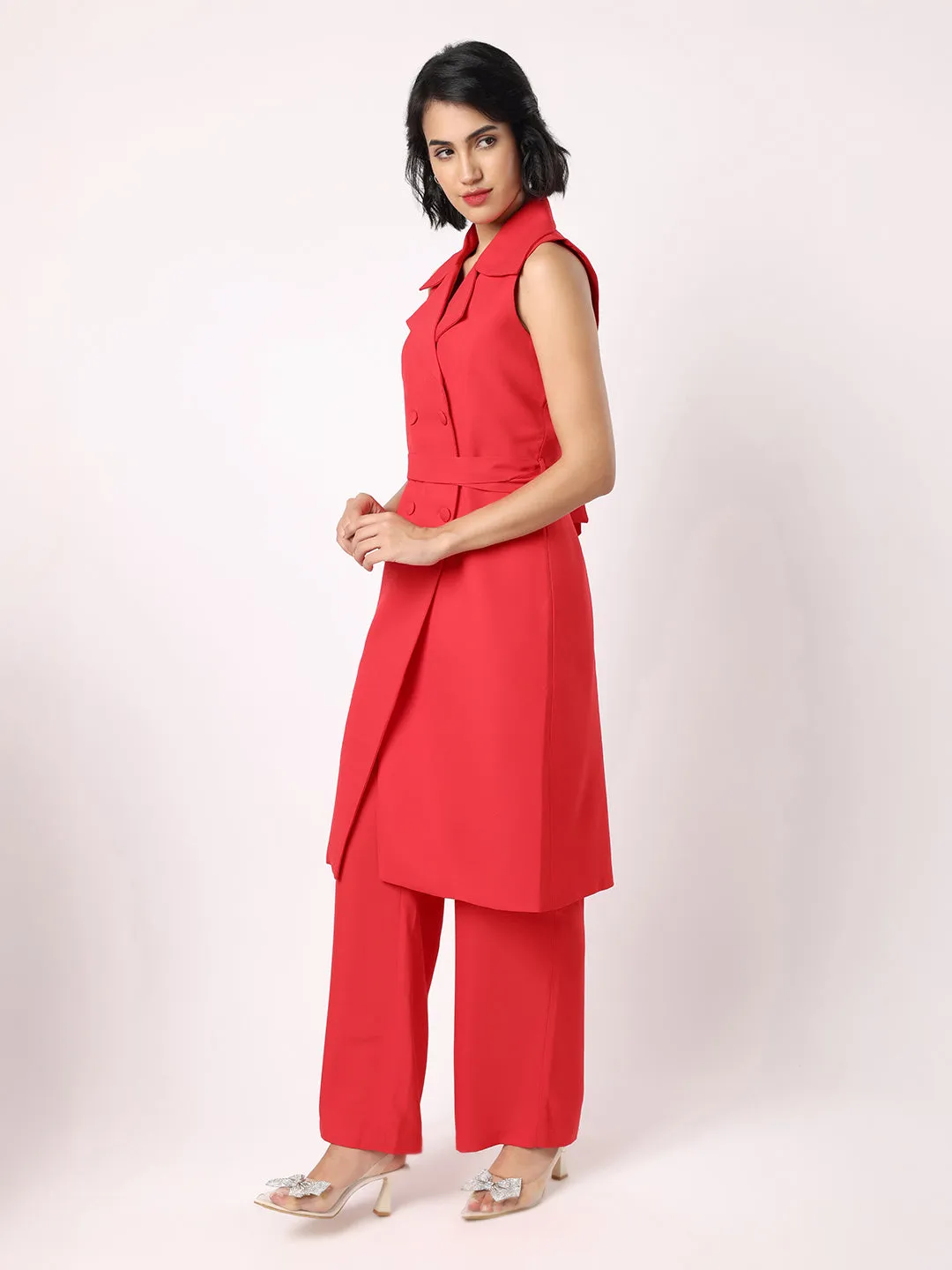 Red Orange Long Blazer With Trousers