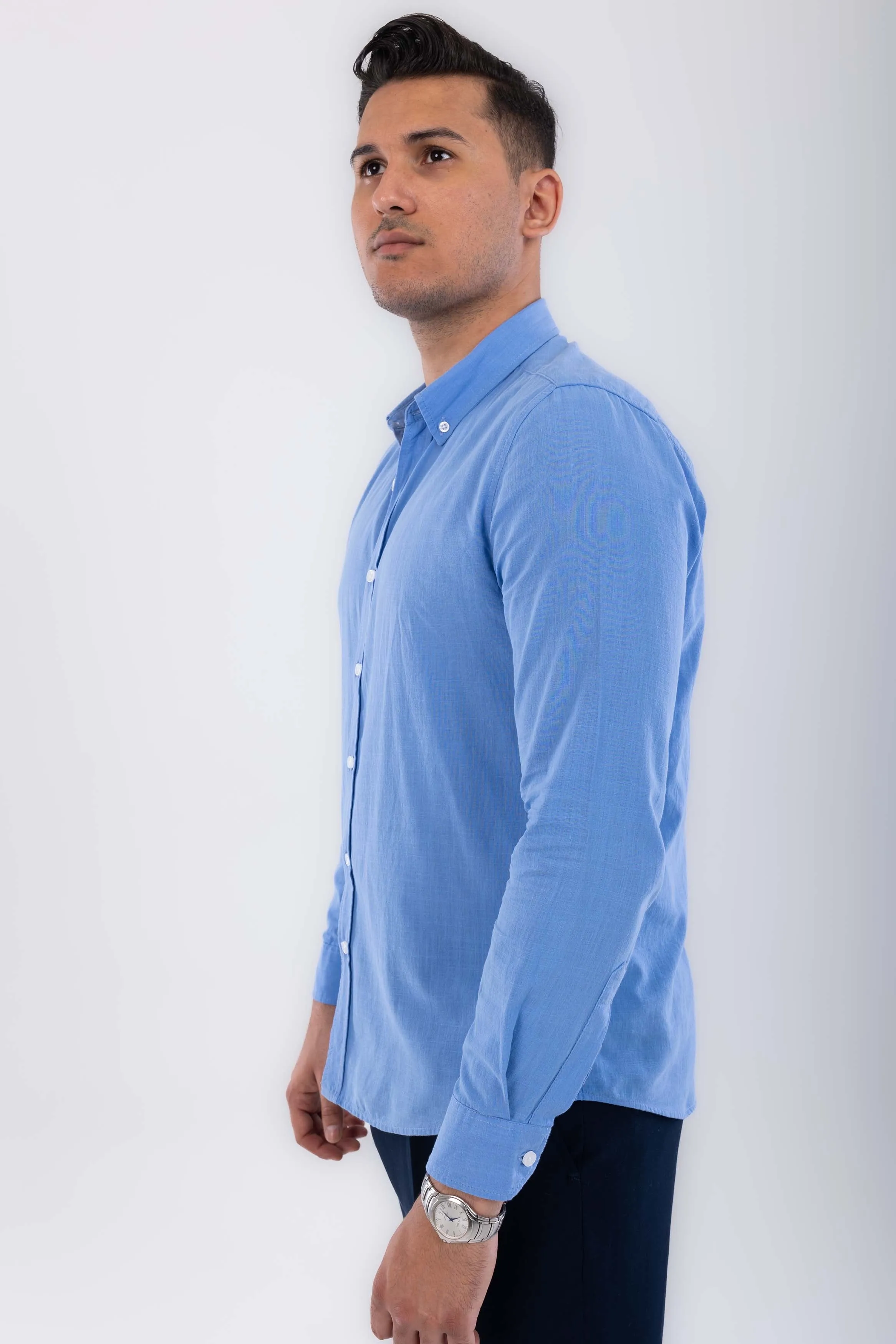 regular  fit button down collar  linen sleeve long-Blue