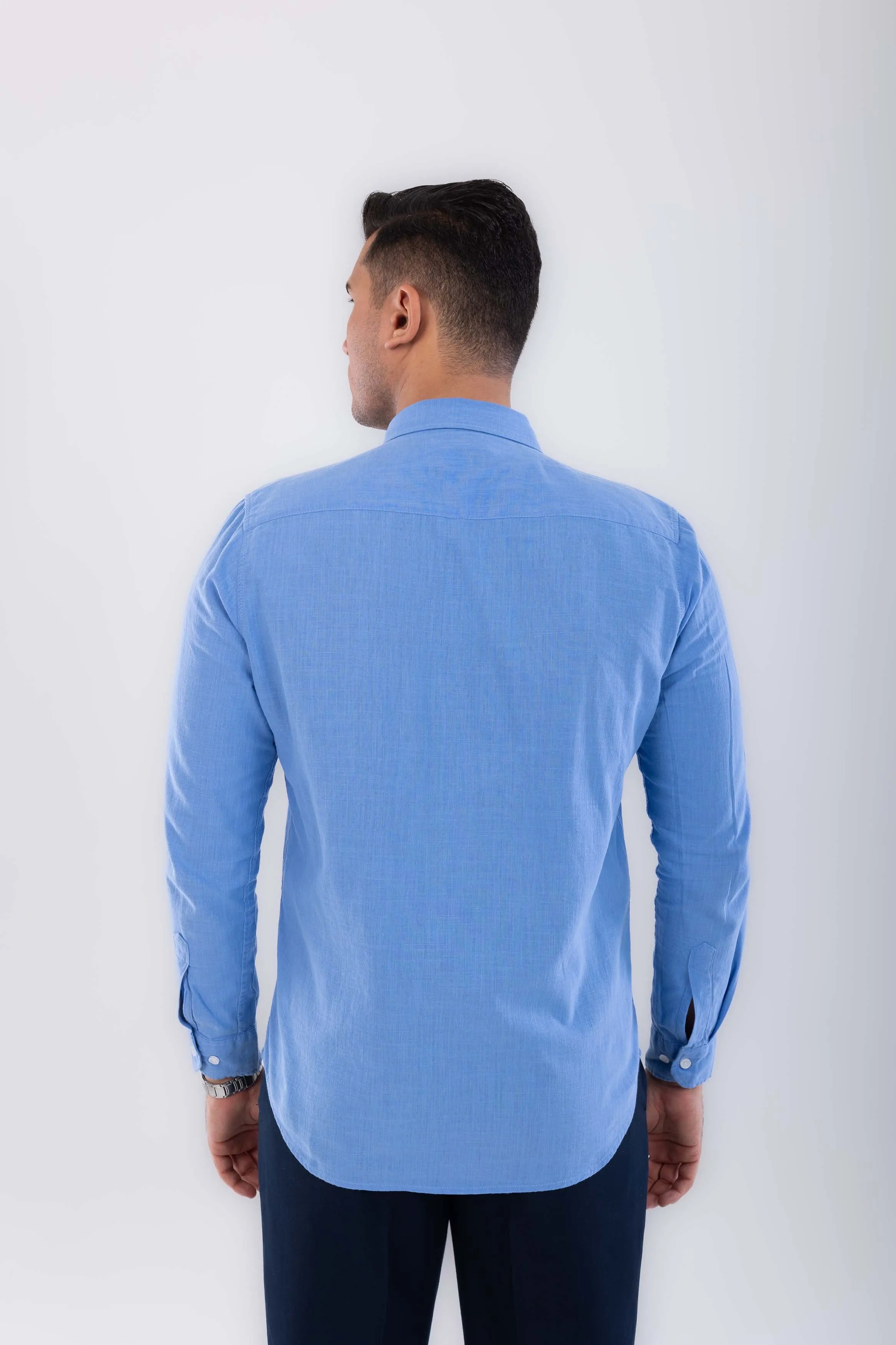 regular  fit button down collar  linen sleeve long-Blue