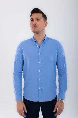 regular  fit button down collar  linen sleeve long-Blue