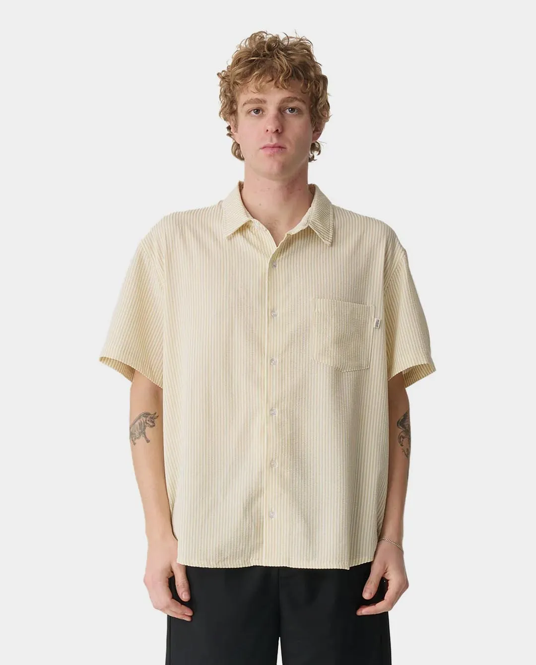 S/Double - Seersucker Summer Shirt - White/Tan
