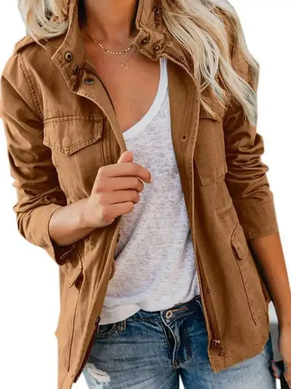 Slim fashion trendy solid color loose zippered multi-pocket jacket women’s coat
