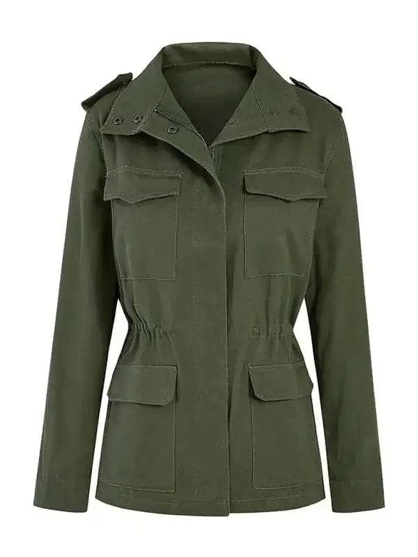 Slim fashion trendy solid color loose zippered multi-pocket jacket women’s coat