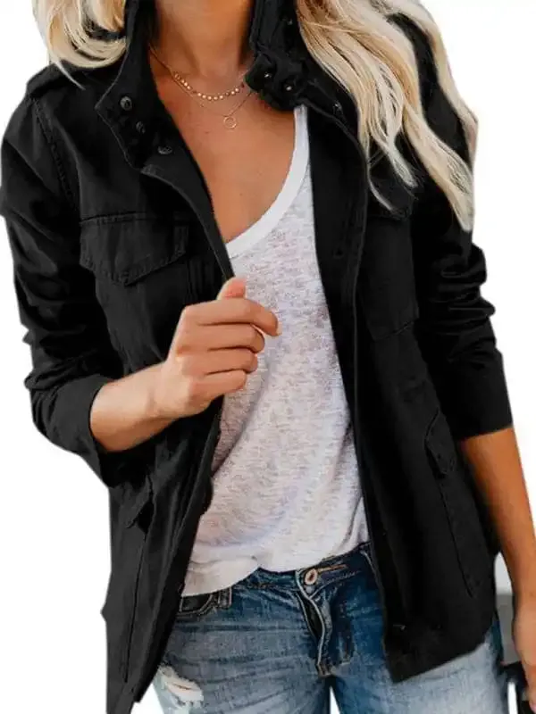 Slim fashion trendy solid color loose zippered multi-pocket jacket women’s coat
