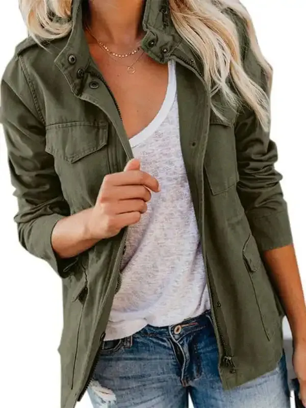 Slim fashion trendy solid color loose zippered multi-pocket jacket women’s coat