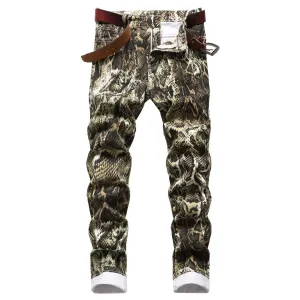 Snakeskin Print Hip Hop Jeans | Slim Fit Stretch Denim Ankle-Length Trousers