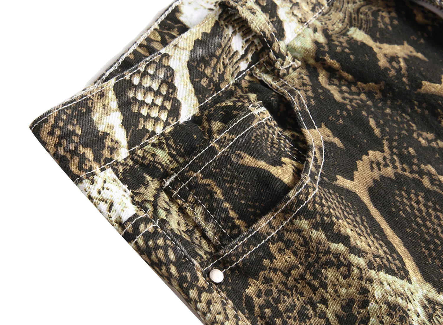 Snakeskin Print Hip Hop Jeans | Slim Fit Stretch Denim Ankle-Length Trousers