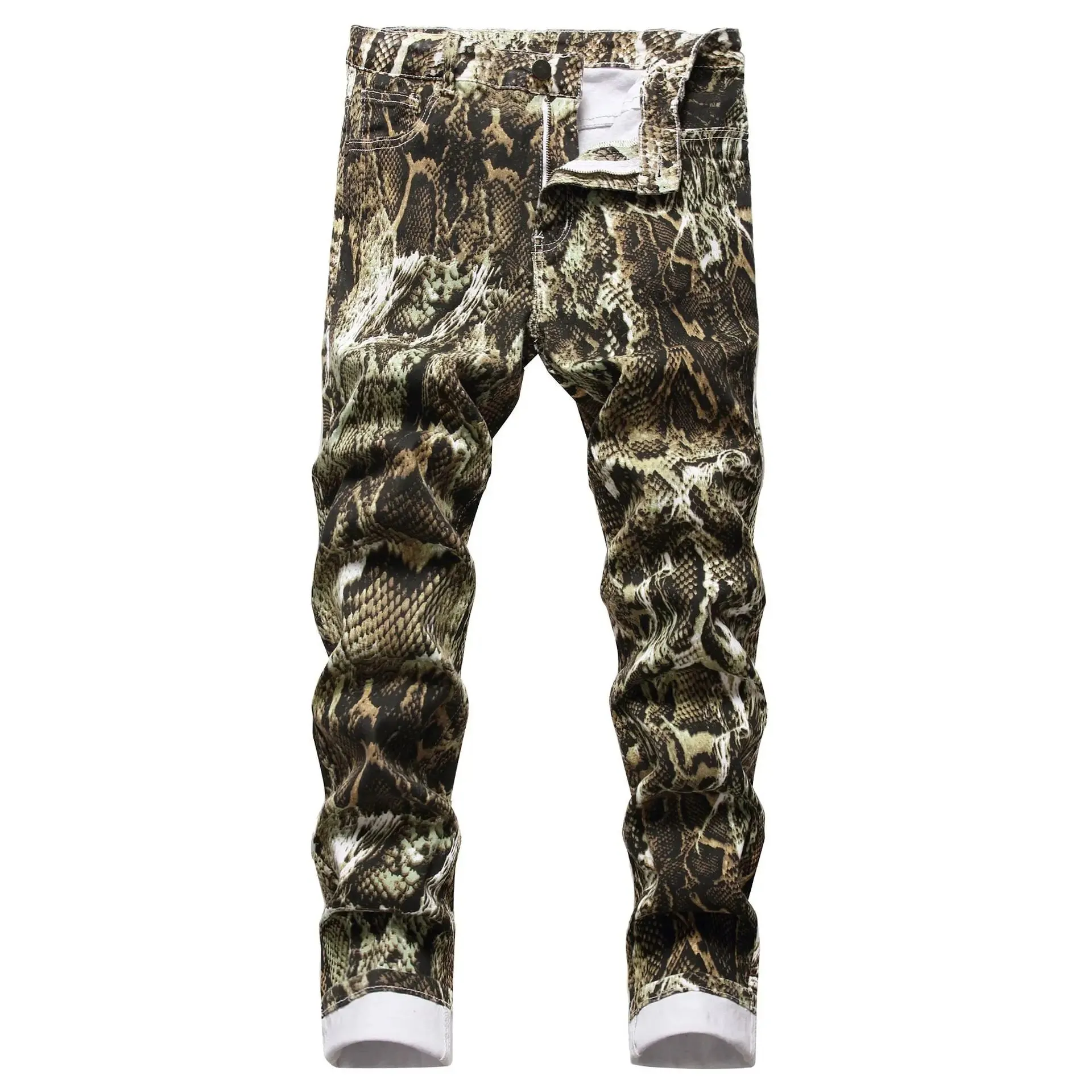 Snakeskin Print Hip Hop Jeans | Slim Fit Stretch Denim Ankle-Length Trousers
