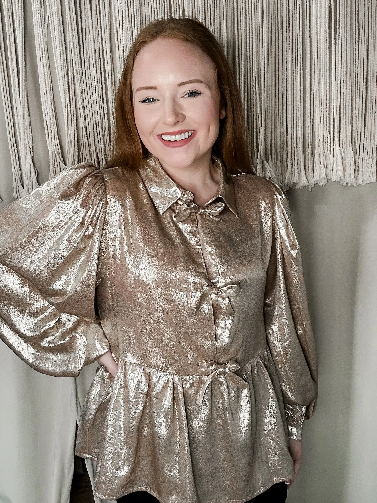 Taupe Metallic Collared Bow-Tie Front Top