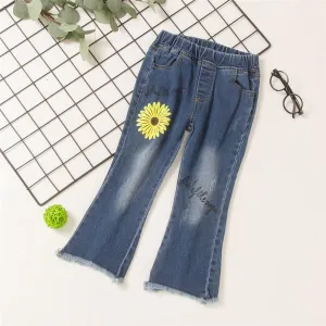 Toddler Girls Letter Flower Casual Flared Jeans Girls Clothes Wholesale