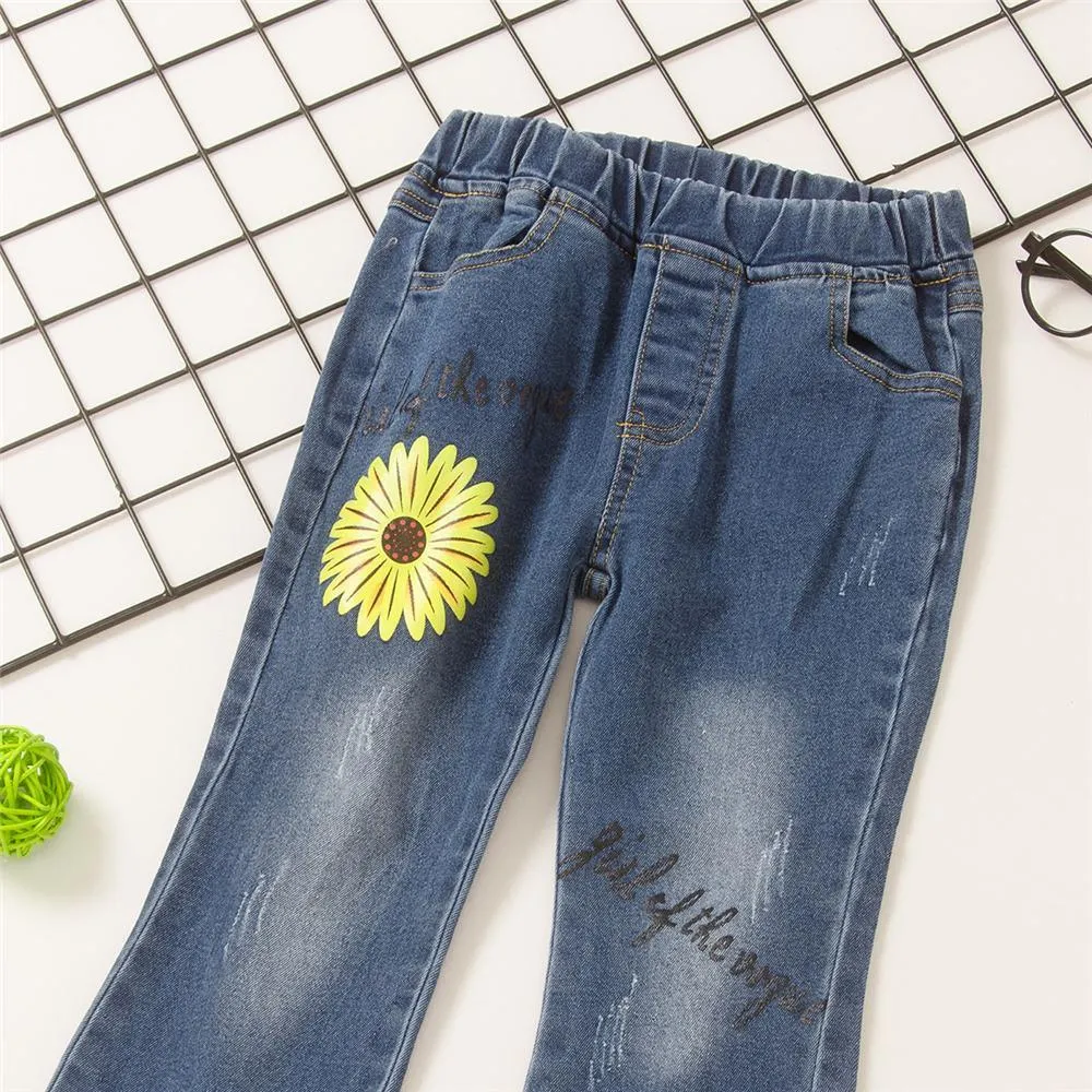 Toddler Girls Letter Flower Casual Flared Jeans Girls Clothes Wholesale