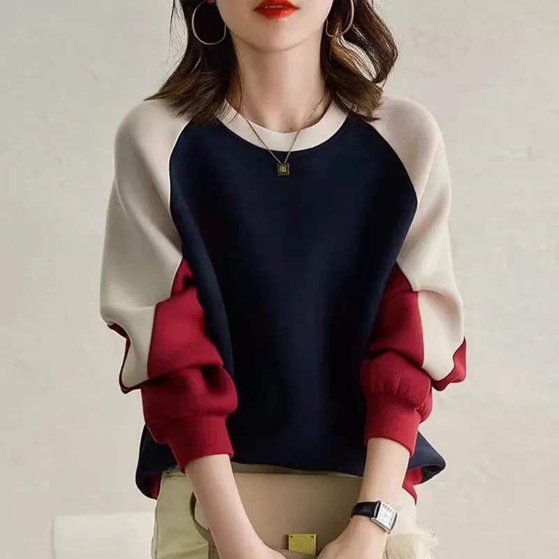 Very Stylish O-Neck Contrast  Patchwork  Color Sweatshirts Blouse with Long Sleeves