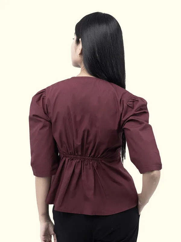 Women Maroon Cotton Three-Quarter Sleeve Shirt
