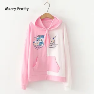 Women's Cartoon Print Pink Hooded Sweatshirts