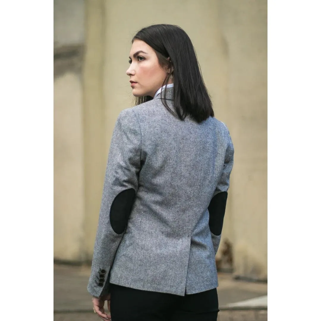 Womens Tweed Grey Black Blazer Jacket Waistcoat Elow Patch Classic Peaky 1920s