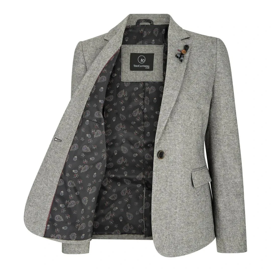 Womens Tweed Grey Black Blazer Jacket Waistcoat Elow Patch Classic Peaky 1920s