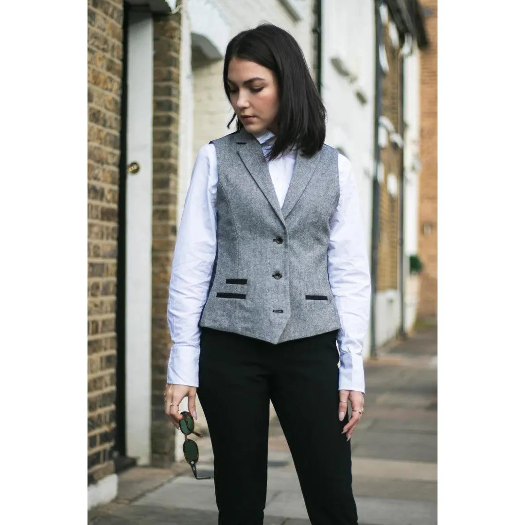 Womens Tweed Grey Black Blazer Jacket Waistcoat Elow Patch Classic Peaky 1920s