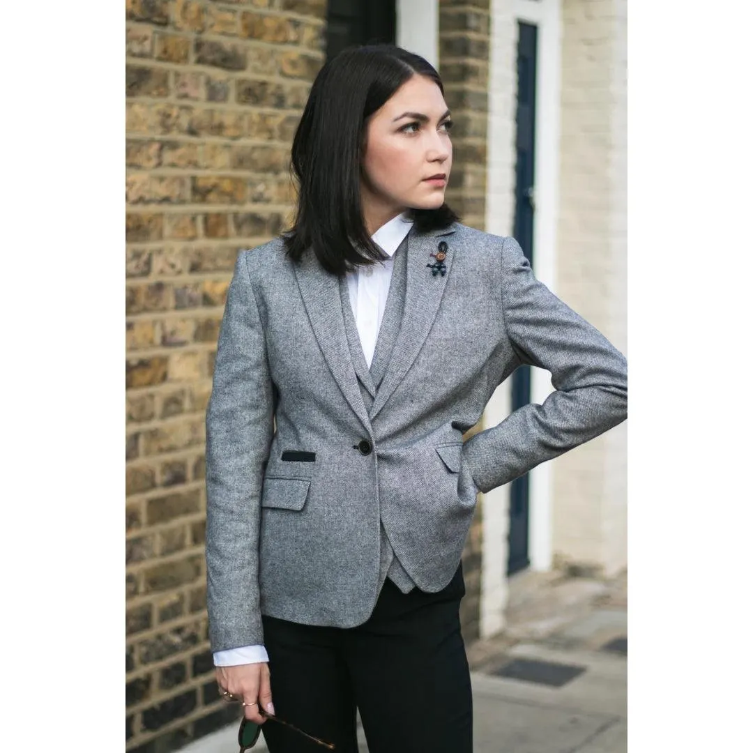 Womens Tweed Grey Black Blazer Jacket Waistcoat Elow Patch Classic Peaky 1920s