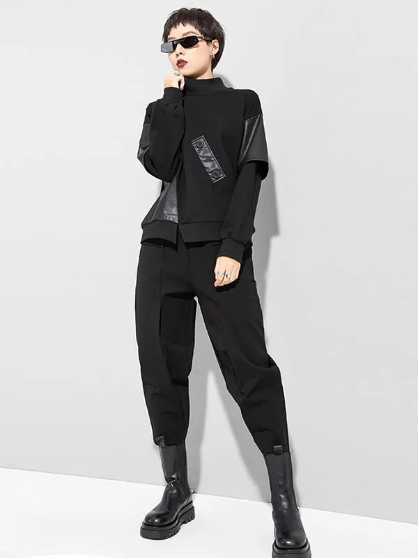 xakxx Thicken PU Split-Joint False-Two Asymmetric Sweatshirt