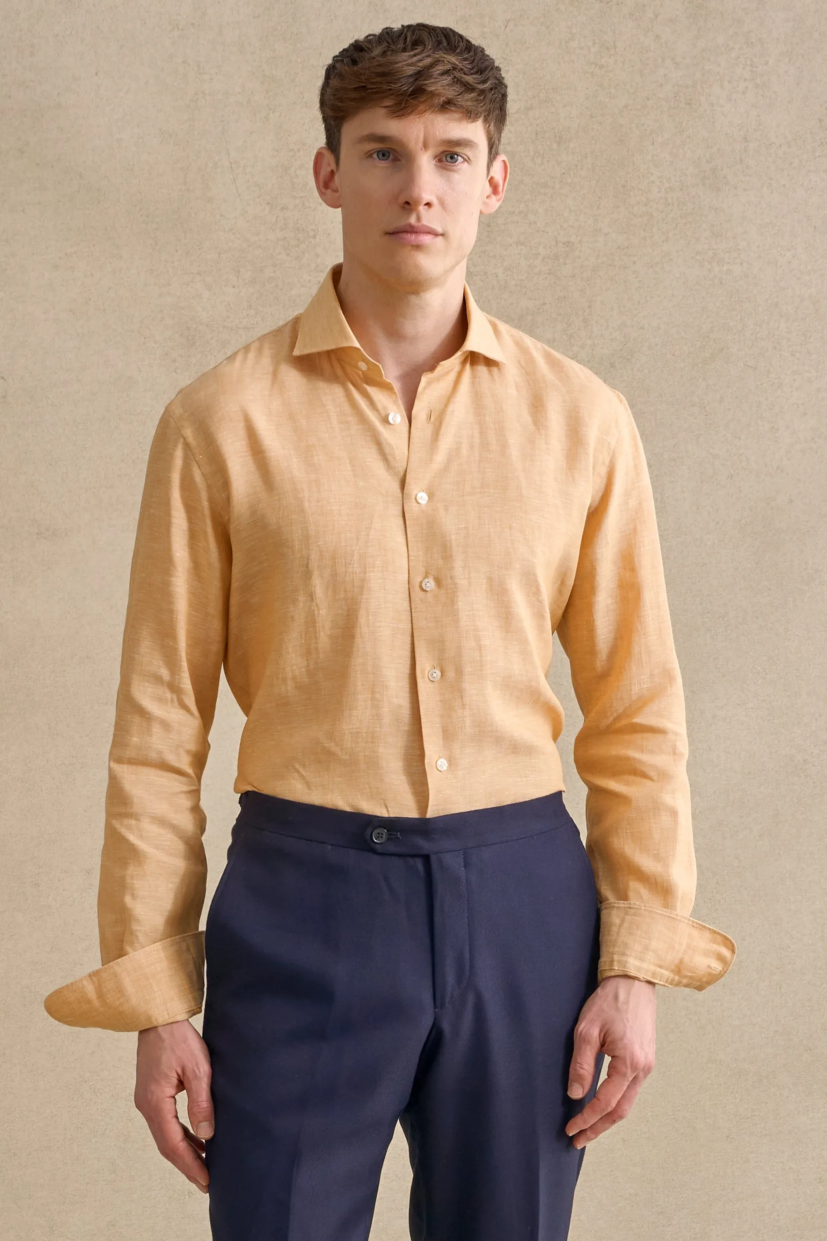 Yellow Cutaway Collar Standard Fit Linen Shirt